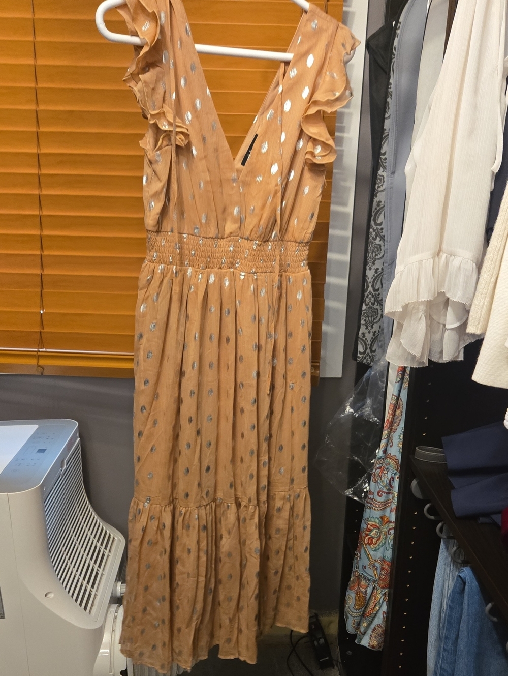 Lulu's Tan Ruffle V-Neck Maxi Dress with Silver Dot Accents